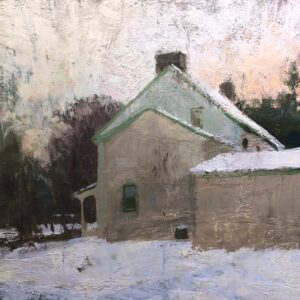 - SOLD - Jon Redmond, Farmhouse Winter, 2025, Oil on board, 10 x 10 inches