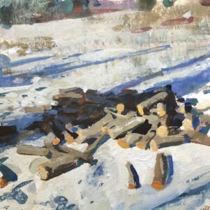 - SOLD - Jon Redmond, Wood in the Snow, 2025, Gouache on paper, 8 x 8 inches