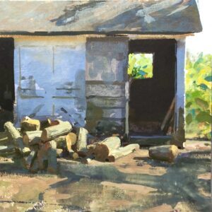 - SOLD - Jon Redmond, Woodshed, 2025, Gouache on paper, 8 x 8 inches