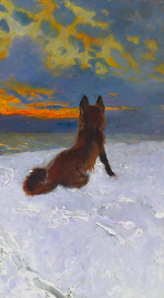 Jamie Wyeth, Snow Fox, 2013, Oil and gesso on composite board, 34 ¼ x 19 ⅞ inches