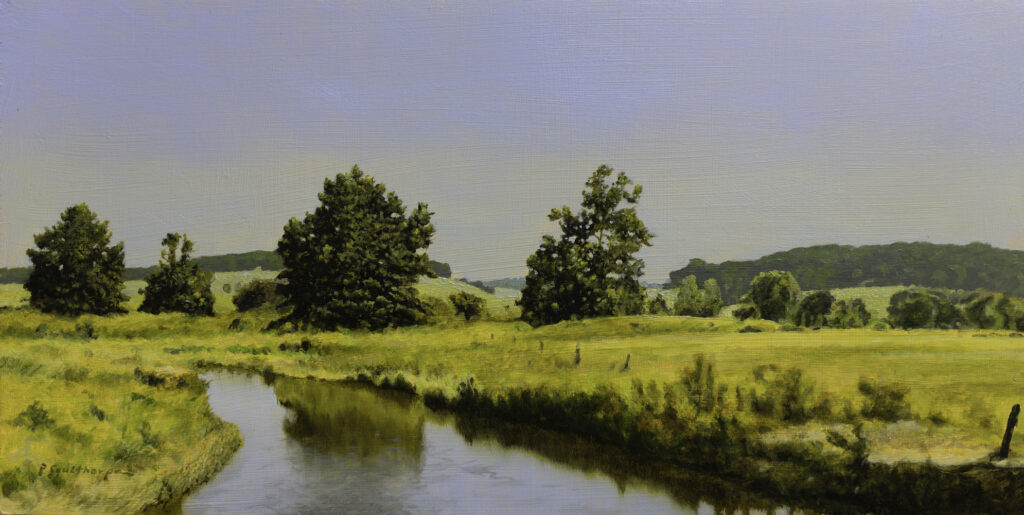 Peter Sculthorpe, Meadows of the Buck Run, 2025, Oil on panel, 8 x 16 inches