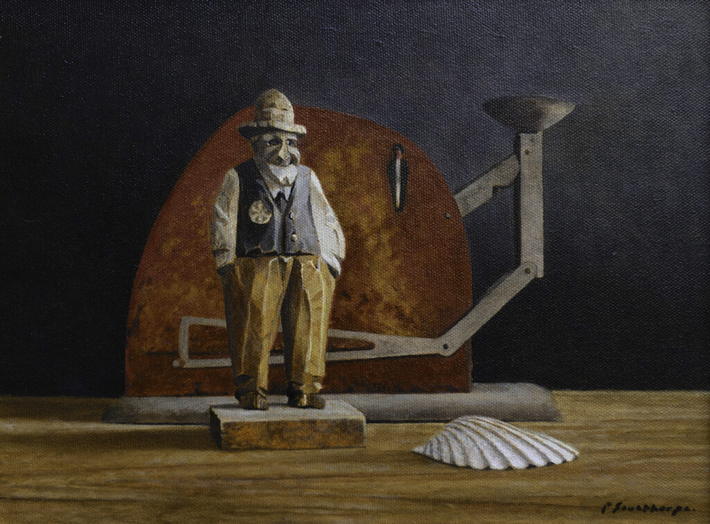 - SOLD - Peter Sculthorpe, Old Carved Man with Egg Scale, 2025, Oil on panel, 9 x 12 inches