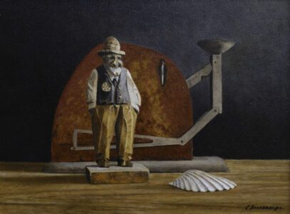 - SOLD - Peter Sculthorpe, Old Carved Man with Egg Scale, 2025, Oil on panel, 9 x 12 inches