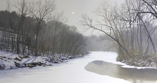 Peter Sculthorpe, Rockland Bend, Winter (On the Brandywine), 2025, Oil on linen, 32 x 60 inches