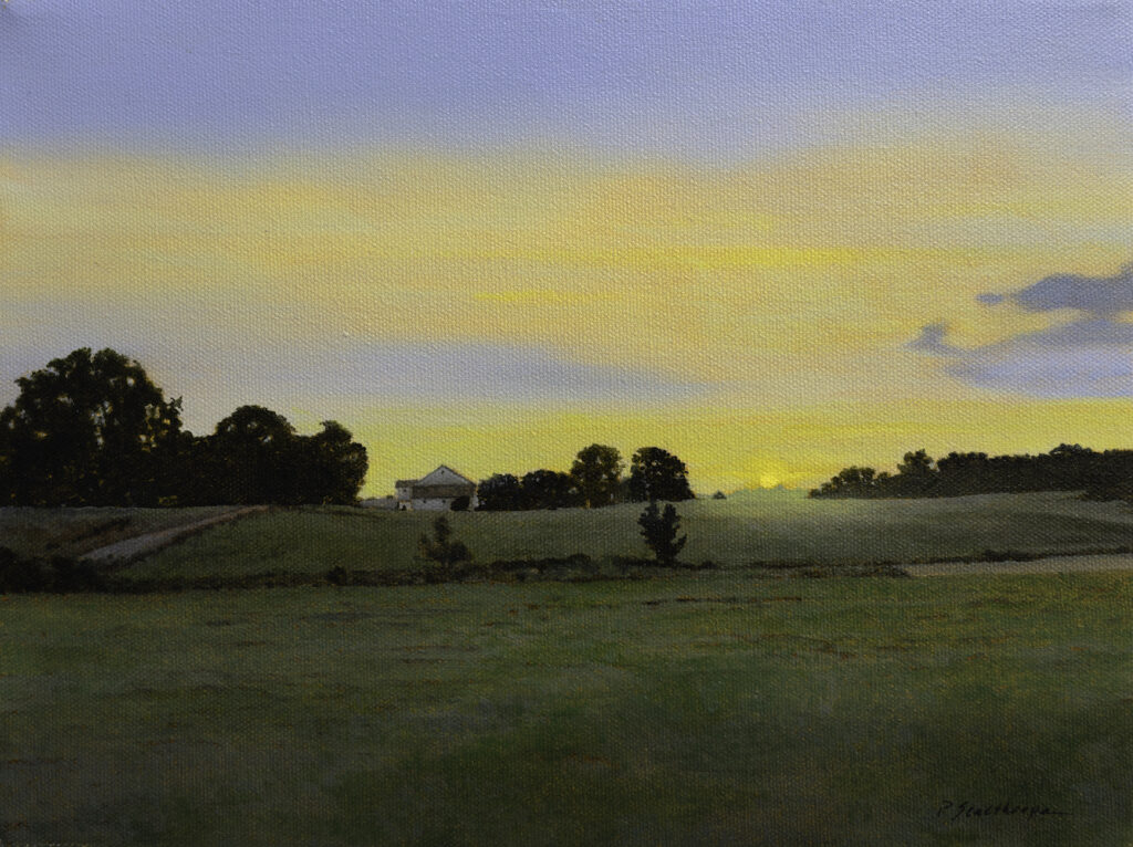 Peter Sculthorpe, Summer Morning Farm on the Way to Chadds Ford, 2025, Oil on panel, 9 x 12 inches