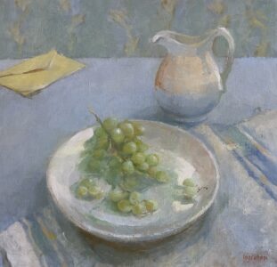 Tina Ingraham, Washed Grapes & Pitcher, 2025, Oil on linen, 19 ¼ x 20 ¼ inches