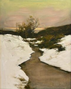 Dennis Sheehan, Winter Stream, Dusk, Oil on canvas, 30 x 24 inches
