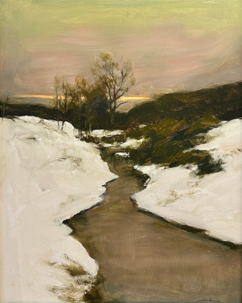 Dennis Sheehan, Winter Stream, Dusk, Oil on canvas, 30 x 24 inches