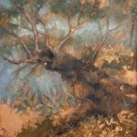 Jane Morris Pack, Copper Tree, 2025, Gold leaf, oil, and shellac on masonite panel, 9 ⅞ x 11 ⅞ inches