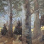 Jane Morris Pack, Forest Firs, 2025, Gold leaf, oil, and shellac on masonite panel, 11 ⅞ x 9 ⅞ inches