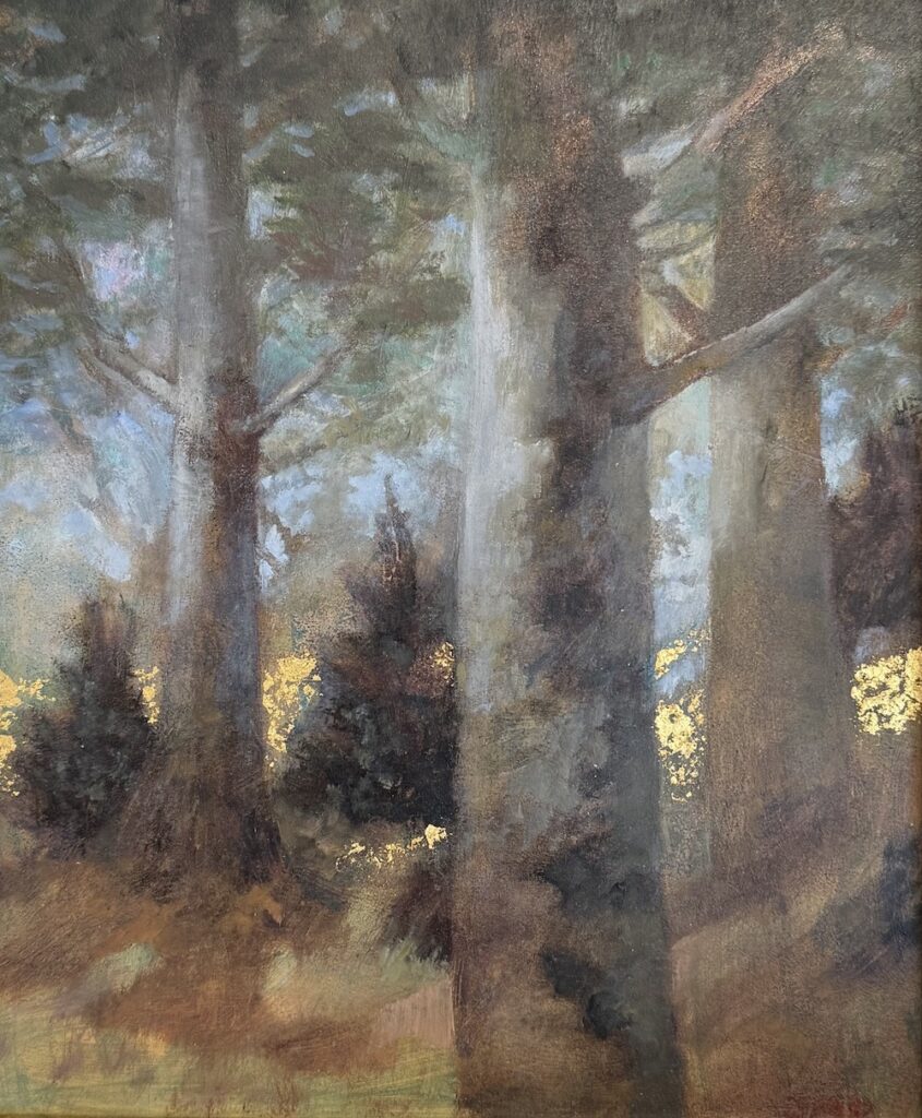 Jane Morris Pack, Forest Firs, 2025, Gold leaf, oil, and shellac on masonite panel, 11 ⅞ x 9 ⅞ inches