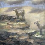 Jane Morris Pack, Goats on a Bluff, 2025, Gold leaf, oil, and shellac on masonite panel, 11 ⅞ x 9 ⅞ inches