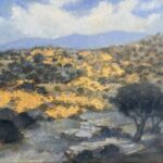 Jane Morris Pack, Golden Hills, 2025, Gold leaf, oil, and shellac on masonite panel, 9 ⅝ x 10 ¾ inches