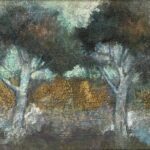 Jane Morris Pack, Trees by Moonlight, 2025, Gold leaf, oil, and shellac on masonite panel, 5 x 16 ⅛ inches