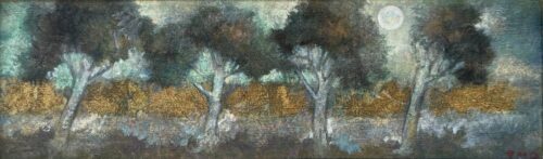 Jane Morris Pack, Trees by Moonlight, 2025, Gold leaf, oil, and shellac on masonite panel, 5 x 16 ⅛ inches