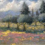 Jane Morris Pack, Wildflowers in the Spring, 2025, Gold leaf, oil, and shellac on masonite panel, 8 x 11 inches