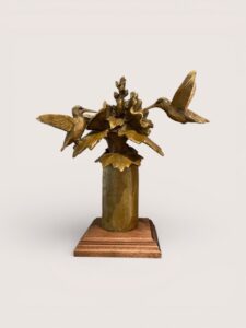 Margery Torrey, Unexpected Company (Hummingbirds at Luncheon Bouquet), Bronze, 14 x 13 x 7 inches, edition of 50
