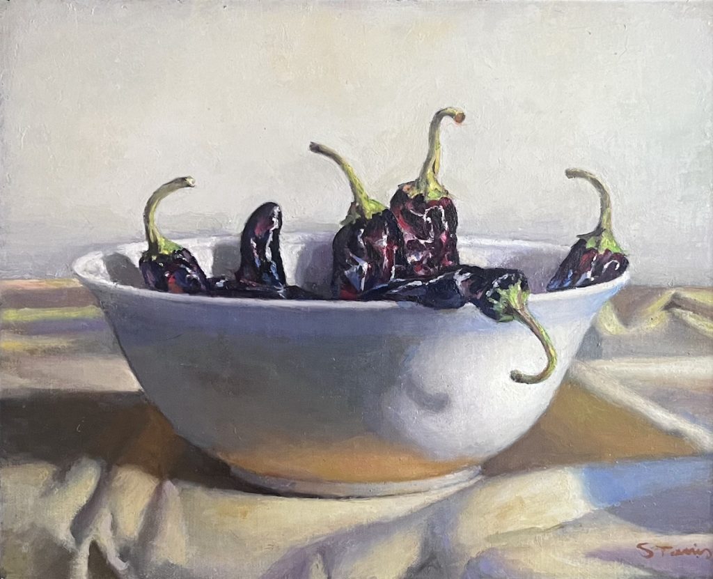 Stephen Tanis, Peppers, 2025, Oil on panel, 10 1/2 x 13 inches
