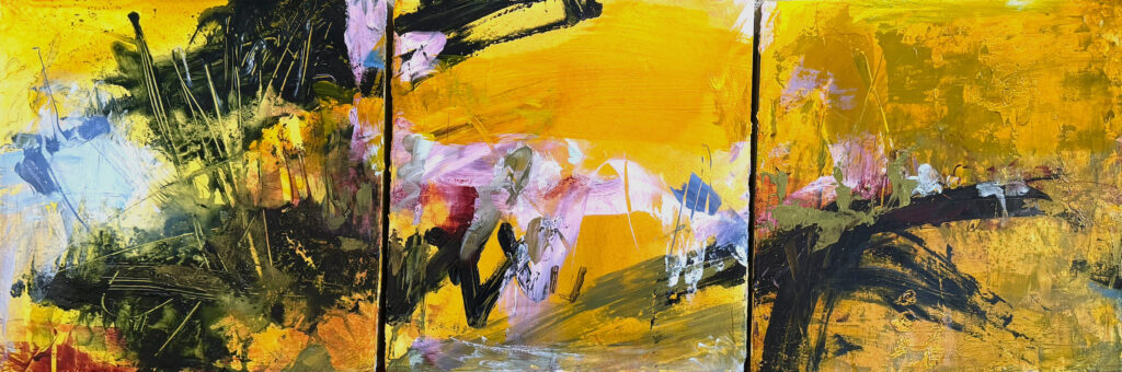 Vicki Vinton, I Saw a Hawk (Triptych), 2026, Shellac, plaster, paint and emulsion on board, 11 x 33 inches