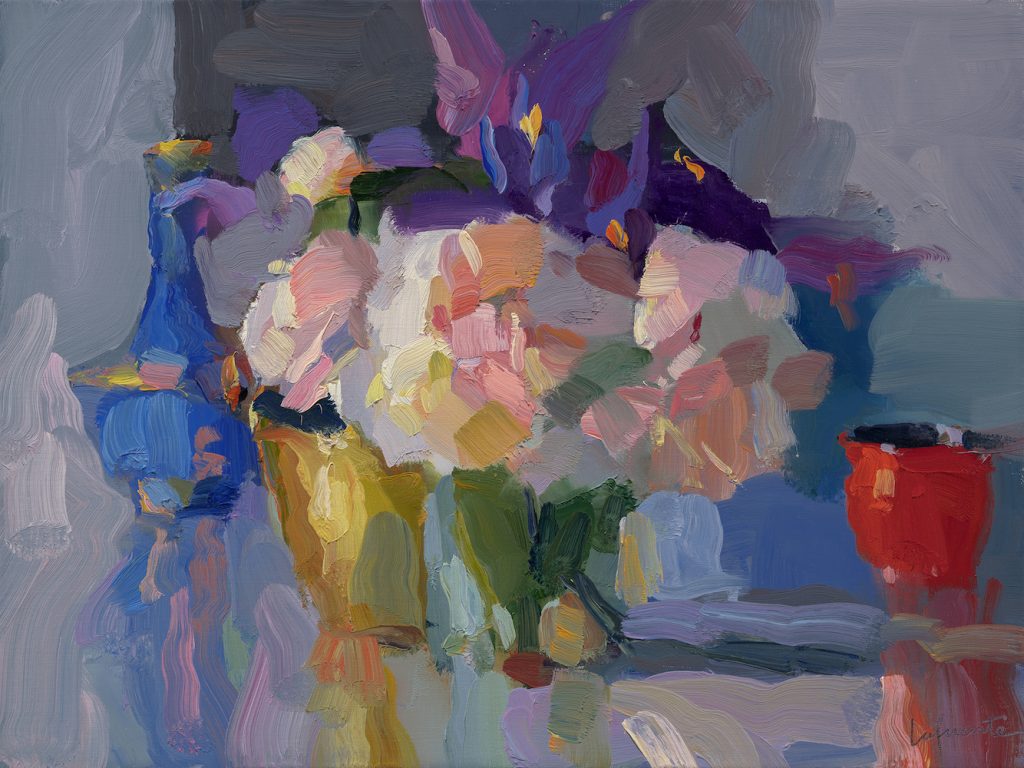 Christine Lafuente, Iris, Peonies and Brass Bowl, 2025, Oil on linen, 12 x 16 inches