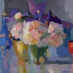 Christine Lafuente, Iris, Peonies and Brass Bowl, 2025, Oil on linen, 12 x 16 inches
