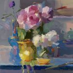 Christine Lafuente, Peonies, Buttercup and Lemon, 2025, Oil on linen, 14 x 14 inches