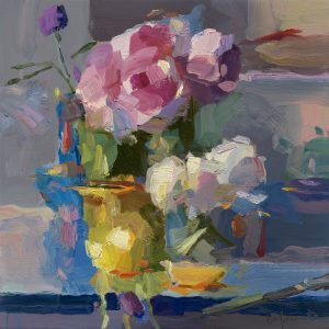 Christine Lafuente, Peonies, Buttercup and Lemon, 2025, Oil on linen, 14 x 14 inches