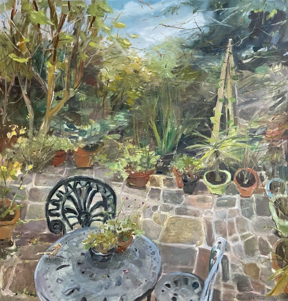 Elizabeth Endres, Stone Patio, 2026, Oil on canvas, 46 x 44 inches