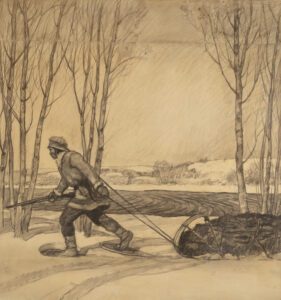 N.C. Wyeth (1882-1945), The Trapper (The Story of Furs, composition drawing), 1939/1940, charcoal on paper, 41 x 38 inches