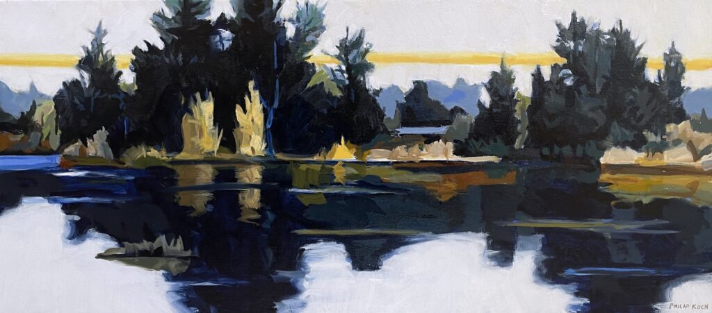 Philip Koch, Wooded Pond, 2025, Oil on canvas, 16 x 36 inches