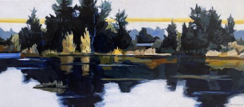 Philip Koch, Wooded Pond, 2025, Oil on canvas, 16 x 36 inches