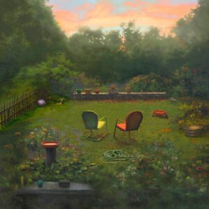 Scott Prior, Backyard at Twilight, 2026, Oil on board, 24 x 24 inches
