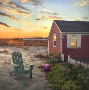 Scott Prior, Cabin at Sunset, 2026, Oil on board, 20 x 20 inches