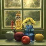 Scott Prior, Still Life with Mr. Peanut and Honey Bear, 2026, Oil on board, 16 x 16 inches