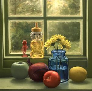 Scott Prior, Still Life with Mr. Peanut and Honey Bear, 2026, Oil on board, 16 x 16 inches