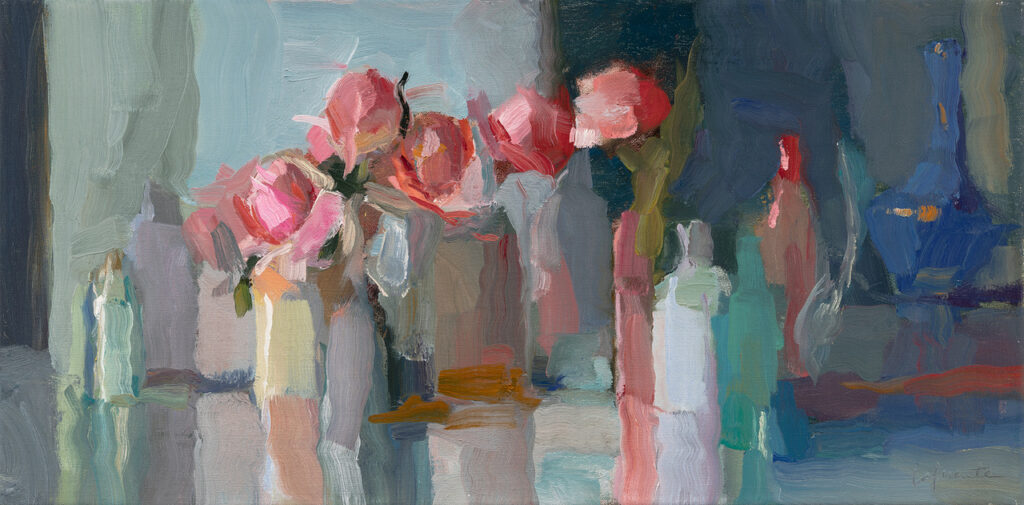 Christine Lafuente, Garden Roses, Bottles and Blue Vase, 2025, Oil on linen, 12 x 24 inches