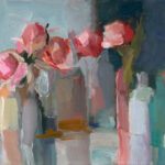 Christine Lafuente, Garden Roses, Bottles and Blue Vase, 2025, Oil on linen, 12 x 24 inches