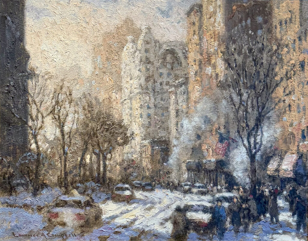 Laurence A. Campbell (1939-2024), Near the Ansonia Hotel, Broadway, Oil on canvas, 15 1/2 x 19 1/2 inches