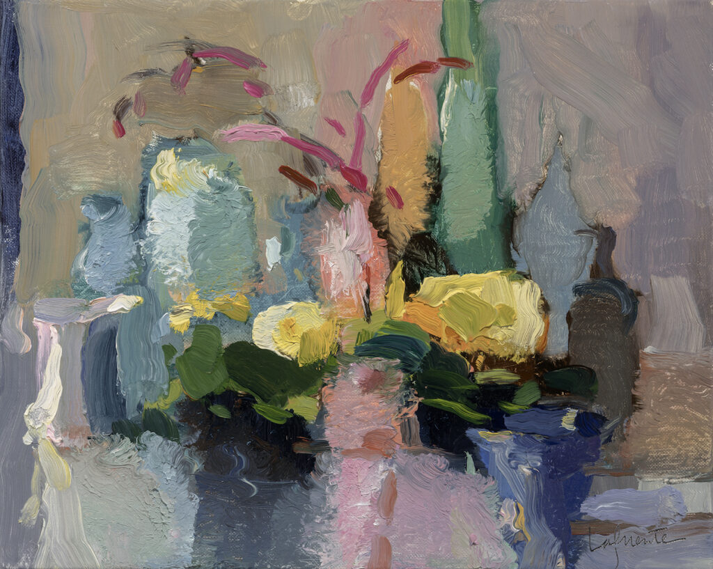 Christine Lafuente, Bottles with Yellow Pansies, 2026, Oil on linen, 9 x 12 inches