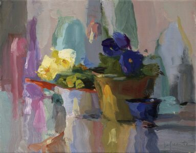 Christine Lafuente, Pansies, Saucepan and Brass Bucket, 2026, Oil on linen, 11 x 14 inches
