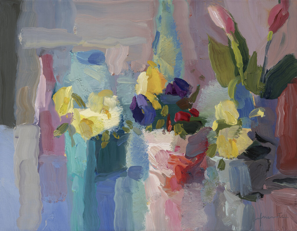 Christine Lafuente, Pansies and Tulips, 2026, Oil on linen, 14 x 18 inches