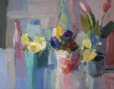 Christine Lafuente, Pansies and Tulips, 2026, Oil on linen, 14 x 18 inches