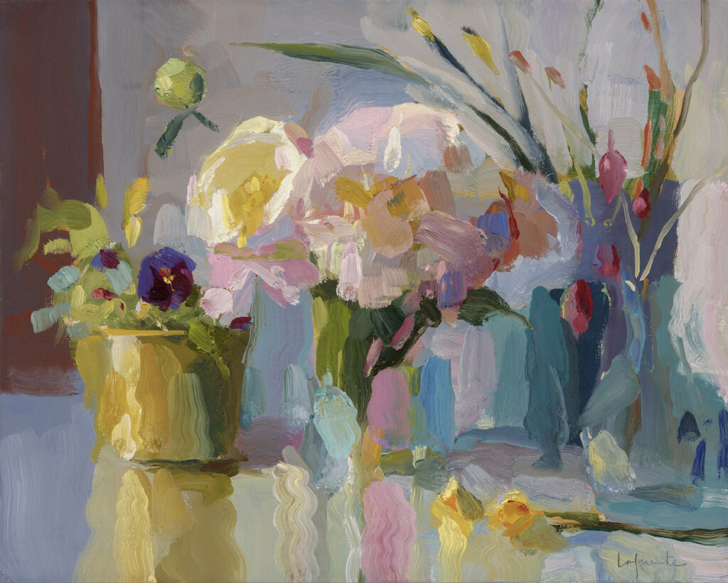 Christine Lafuente, Peonies, Campanula, and Daffodils, 2026, Oil on linen, 16 x 20 inches