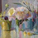 Christine Lafuente, Peonies, Campanula, and Daffodils, 2026, Oil on linen, 16 x 20 inches
