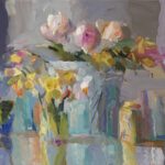 Christine Lafuente, Peonies, Daffodils, Pansies and Tea Tin, 2026, Oil on linen, 20 x 28 inches