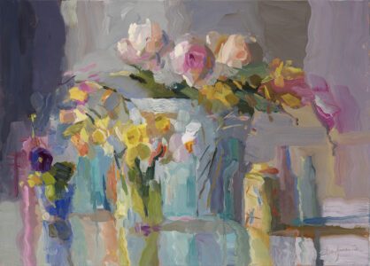 Christine Lafuente, Peonies, Daffodils, Pansies and Tea Tin, 2026, Oil on linen, 20 x 28 inches