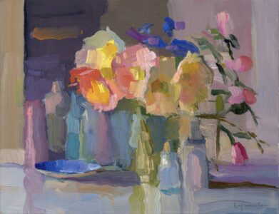 Christine Lafuente, Poppies and Campanula, 2026, Oil on linen, 14 x 18 inches