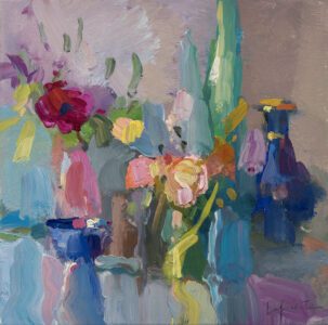 Christine Lafuente, Springtime with Chinese Vase, 2026, Oil on linen, 10 x 10 inches