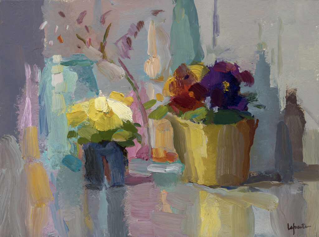 Christine Lafuente, Yellow and Purple Pansies, 2026, Oil on mounted canvas, 12 x 16 inches