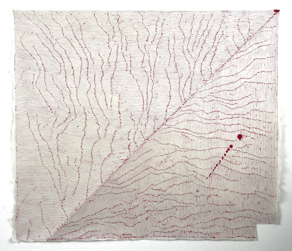 Cheryl Levin, Red Path with a Diagonal and Cut A Way, 2026, Ink on washi, 14 1/2 x 17 inches